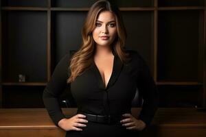 a beautiful woman in a black dress standing in front of a desk generative ai photo