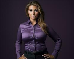 un hermosa mujer en un púrpura camisa posando para el cámara generativo ai foto