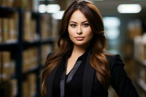 a beautiful woman in a business suit standing in a warehouse generative ai photo