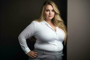 a beautiful woman in a white shirt and skirt generative ai photo