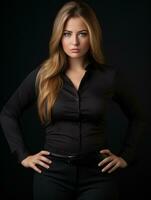 a beautiful young woman in a black shirt and pants generative ai photo