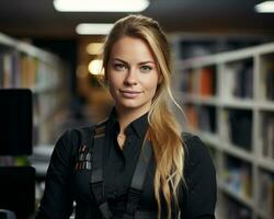 a beautiful young woman in a library with bookshelves in the background generative ai photo