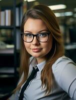 un hermosa joven mujer en lentes sentado a un escritorio generativo ai foto