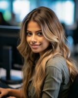 a beautiful young woman sitting at a desk in front of a computer generative ai photo