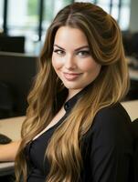 a beautiful young woman sitting at a desk in an office generative ai photo