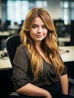 a beautiful young woman sitting in an office chair generative ai photo