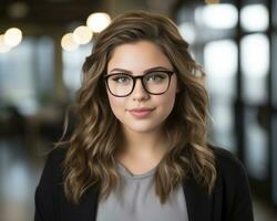 a beautiful young woman wearing glasses in an office generative ai photo