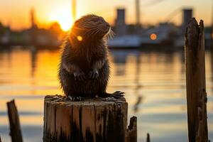 un castor es sentado en un de madera enviar a puesta de sol generativo ai foto