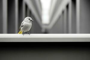 a bird is perched on a ledge in a black and white photo generative ai