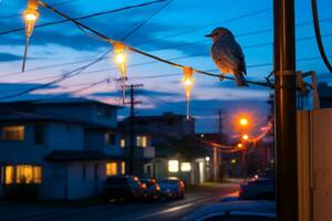 un pájaro es encaramado en un poder línea a oscuridad generativo ai foto