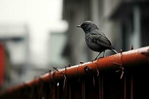 a bird is perched on a barbed wire fence in the rain generative ai photo