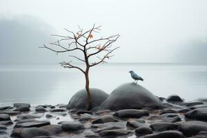 a bird is perched on a rock by a body of water generative ai photo
