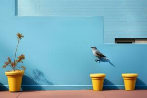 a bird is perched on a wall next to yellow flower pots generative ai photo