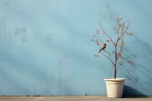 a bird is perched on a tree in front of a blue wall generative ai photo