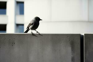 un pájaro es en pie en un repisa en frente de un edificio generativo ai foto