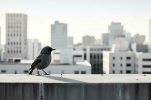 un pájaro es en pie en un repisa en frente de un ciudad generativo ai foto