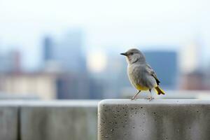 un pájaro es en pie en un repisa con un ciudad en el antecedentes generativo ai foto