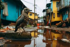 a bird is standing on a piece of wood in a dirty street generative ai photo
