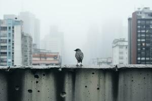 un pájaro es en pie en el borde de un edificio generativo ai foto