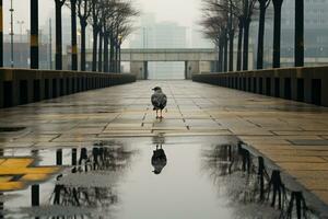 a bird is walking on a sidewalk in the rain generative ai photo