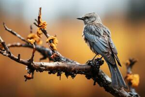 a bird sits on a branch in front of an autumn background generative ai photo