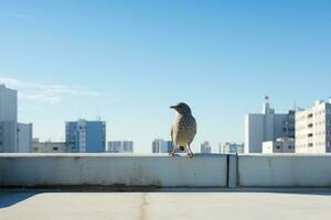 un pájaro sentado en un repisa en frente de un edificio generativo ai foto