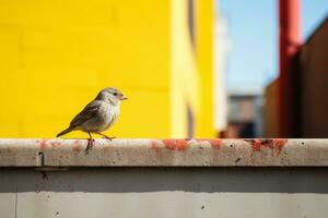 a bird sitting on a ledge in front of a yellow building generative ai photo