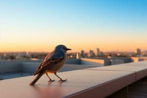 a bird sitting on a ledge with a city in the background generative ai photo