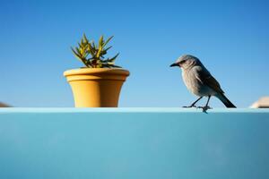 a bird sitting on a ledge next to a potted plant generative ai photo