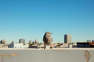 a bird sitting on the edge of a building with a city in the background generative ai photo