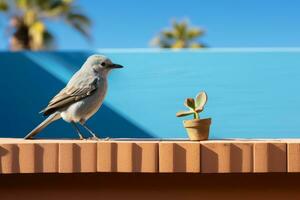 a bird standing on a ledge next to a potted plant generative ai photo