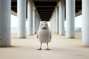 un pájaro en pie en un pasarela debajo un puente generativo ai foto