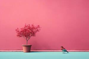 a bird stands next to a potted plant in front of a pink wall generative ai photo