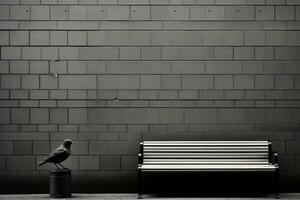 un negro y blanco foto de un banco y un pájaro generativo ai