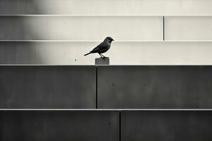 a black and white photo of a bird perched on a ledge generative ai
