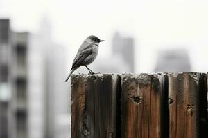 un negro y blanco foto de un pájaro encaramado en un de madera cerca generativo ai