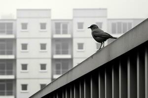 un negro y blanco foto de un pájaro encaramado en el borde de un edificio generativo ai