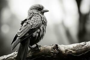 a black and white photo of a bird sitting on a branch generative ai