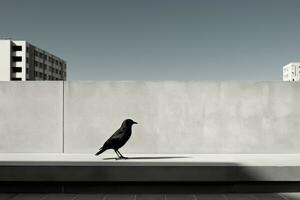 a black and white photo of a bird sitting on a ledge generative ai