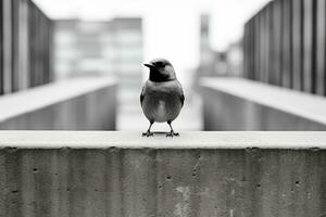 un negro y blanco foto de un pájaro sentado en un repisa generativo ai