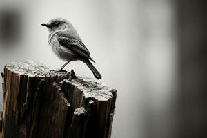 un negro y blanco foto de un pájaro sentado en parte superior de un pedazo de madera generativo ai