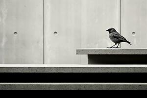 un negro y blanco foto de un pájaro en pie en un repisa generativo ai