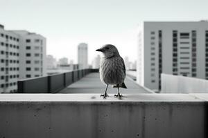 un negro y blanco foto de un pájaro en pie en un repisa generativo ai