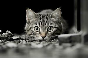 un negro y blanco foto de un gato mirando a el cámara generativo ai