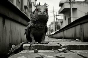 un negro y blanco foto de un pájaro con rojo ojos generativo ai