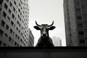 a black and white photo of a bull statue on top of a building generative ai