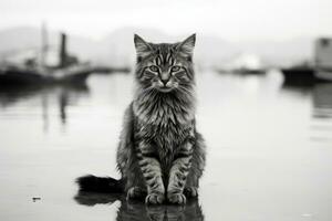 a black and white photo of a cat sitting in the water generative ai