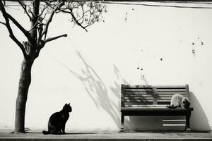 un negro y blanco foto de un gato sentado en un banco siguiente a un árbol generativo ai