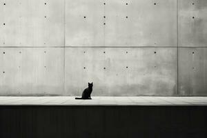 un negro y blanco foto de un gato sentado en frente de un pared generativo ai