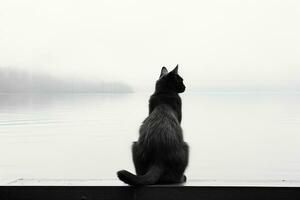 un negro y blanco foto de un gato sentado en un muelle generativo ai